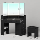 Corner Vanity Desk with Mirror and Lights, Power Outlet & Rotating Shelves, Makeup Vanities with Storage Bench