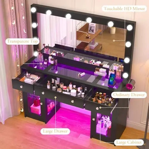 Vanity Desk W/6000-Colors Light&Power Outlet,Makeup Vanity Desk W/LED Mirror and Lights 3 Colors,Transparent GlassTop