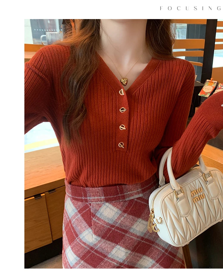 2026 Casual Slim Button Knitted Pullover Autumn Winter Women Sweaters Sweater Femme Basic Solid Jersey Tops Fashion Clothes