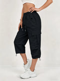 Women's Quick-Dry Cargo Capri Pants with Elastic Waist & Drawstring - Lightweight Stretch Suitable for - Outdoor Pants, Multi- Trousers, Machine Washable Loose-Fit Mid-Length for, Travel, Casual Attire