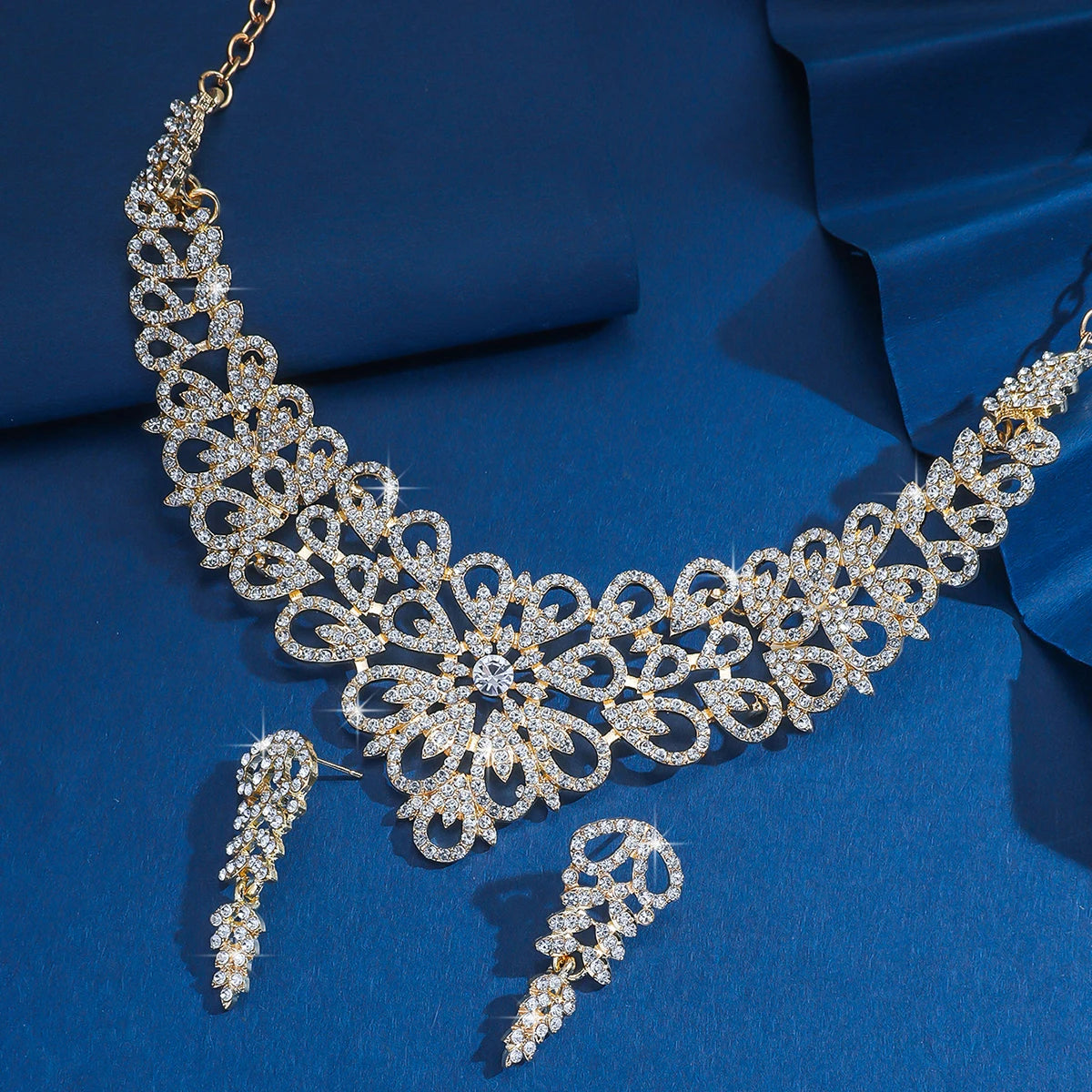 Luxury Pink Crystal Flower Jewelry Set Gold Plated Rhinestone Necklace & Earrings for Women Wedding Party Prom Accessories