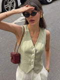 HH Elegant Womens Minimalist Solid Color Suit Vest Fitted Waist V Neck Office Workwear Business Waistcoat Casual Streetwear Tops