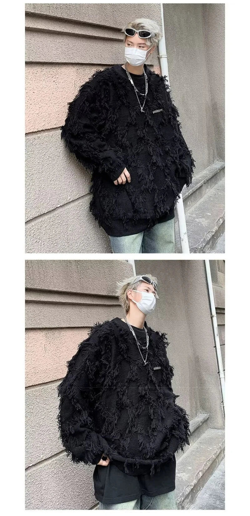 Winter Ripped Fringe Raw Edge Sweater For Men Hip Hop Fashion Knitted Pullovers Y2K Vintage Streetwear Knitwear Jersey Clothes