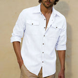2026 New Men's Long Sleeve Casual Shirt Double Chest Pocket Button Up Soft Loose Linen Comfy Daily Work Street Outdoor Wear Tops