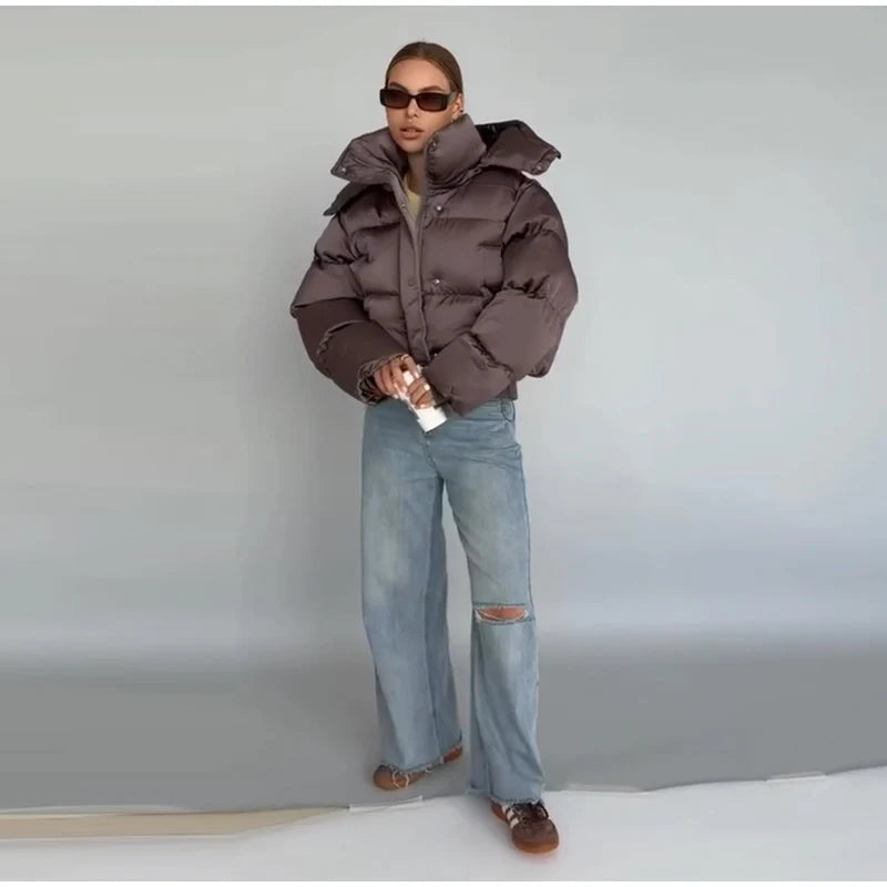 Winter Hooded Jacket Short Top Cropped Drawstring Waist Coat Woman Long Sleeve Warm Quilted Out Jackets Streetwear Lady Clothes