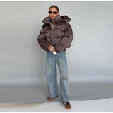 Winter Hooded Jacket Short Top Cropped Drawstring Waist Coat Woman Long Sleeve Warm Quilted Out Jackets Streetwear Lady Clothes