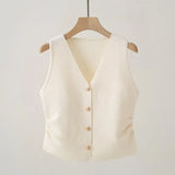 Womens Gold Button Front Vest V-Neck Ruched Waist Sleeveless Knit Jacket Casual Chic Spring Summer 2025 Trendy Outfit