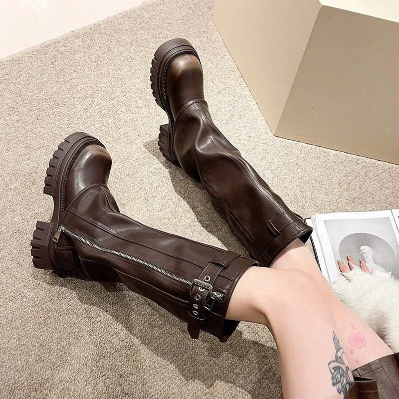 2025 Winter Women Biker Boots Fashion Belt Buckle Ladies Elegant Platform Long Pipe Booties Casual Women's Knee High Booties