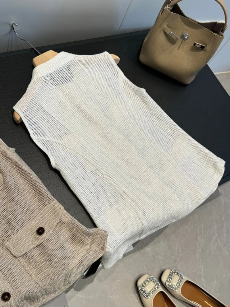 Summer Female Hollow Out O Neck Vest New Women Single Breasted Leisure Vests Fashion Thin Sleeveless Jacket Solid Color Tank Top