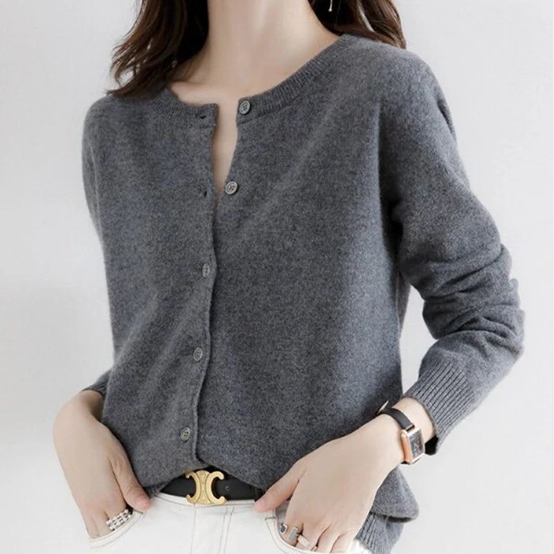 Women Knitted Cardigans Autumn Winter 2025 Round Neck Casual Long Sleeve Tops Solid Basic Soft Sweaters Female