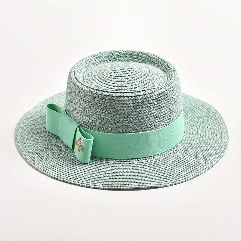 NEW Spring Summer Straw Hats for Women Round Bumpy Surface Flat Top Bowknot Dress Cap Travel Beach Sun Hat Gorra