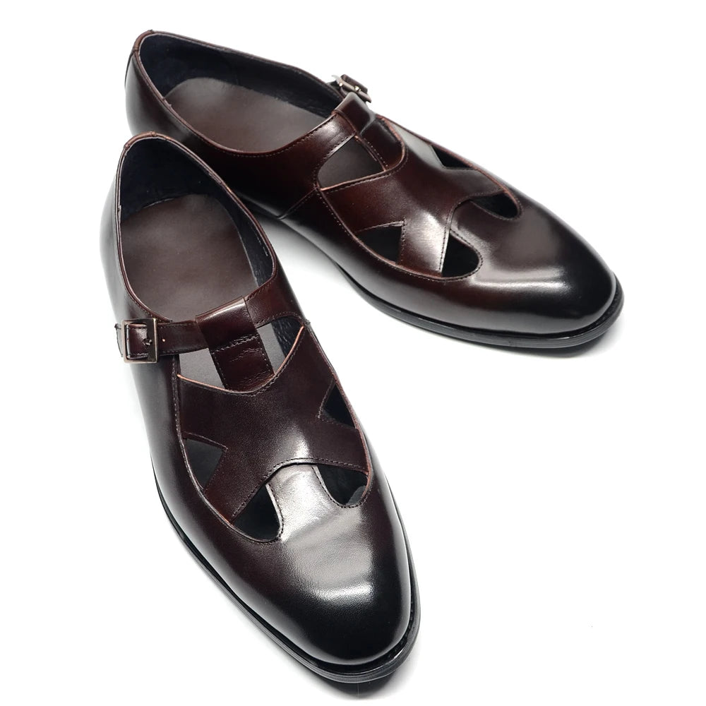 Genuine Leather Mens Classic Summer Dress Sandals Buckle Strap Black Brown Closed Toe Business Party Casual Formal Shoes for Men