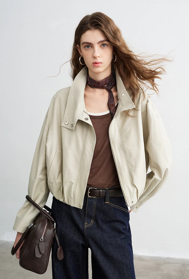 TOYOUTH Women Slub Cotton Jackets 2026 Spring New Cropped Tulip Silhouette Striped Cuff - Turn Up Stand Collar Tops