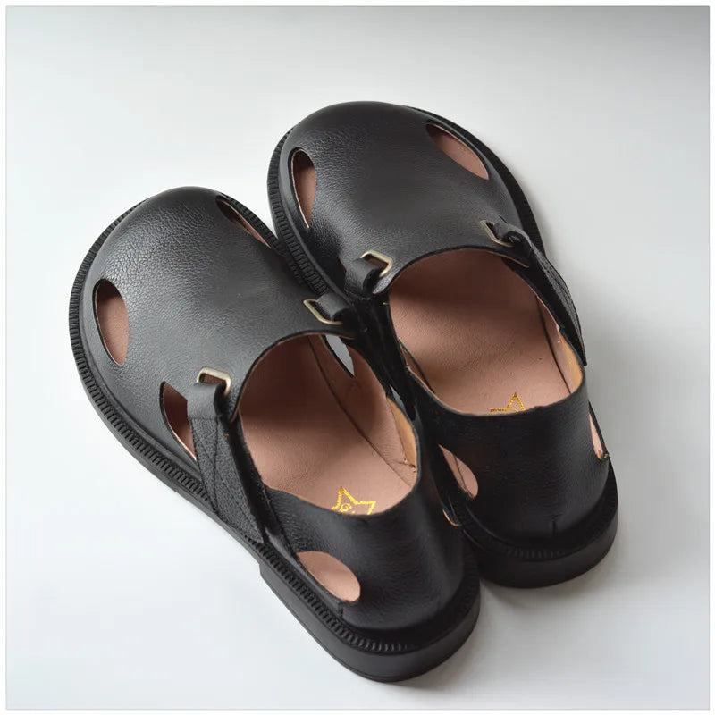 Summer Men's Shoes Flat Full Real Leather Sandal Cowhide Black Casual Old-fashioned Retro Outdoor Men's Sandals Old Man