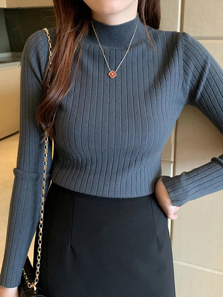 2026 New Autumn Winter Knitted Ribbed Jumper Tops Women Turtleneck Pullovers Sweaters Long Sleeve Korean Slim-fit Female Sweater