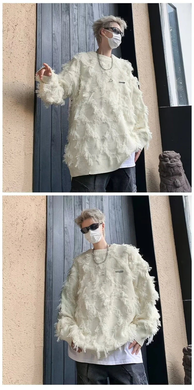 Winter Ripped Fringe Raw Edge Sweater For Men Hip Hop Fashion Knitted Pullovers Y2K Vintage Streetwear Knitwear Jersey Clothes