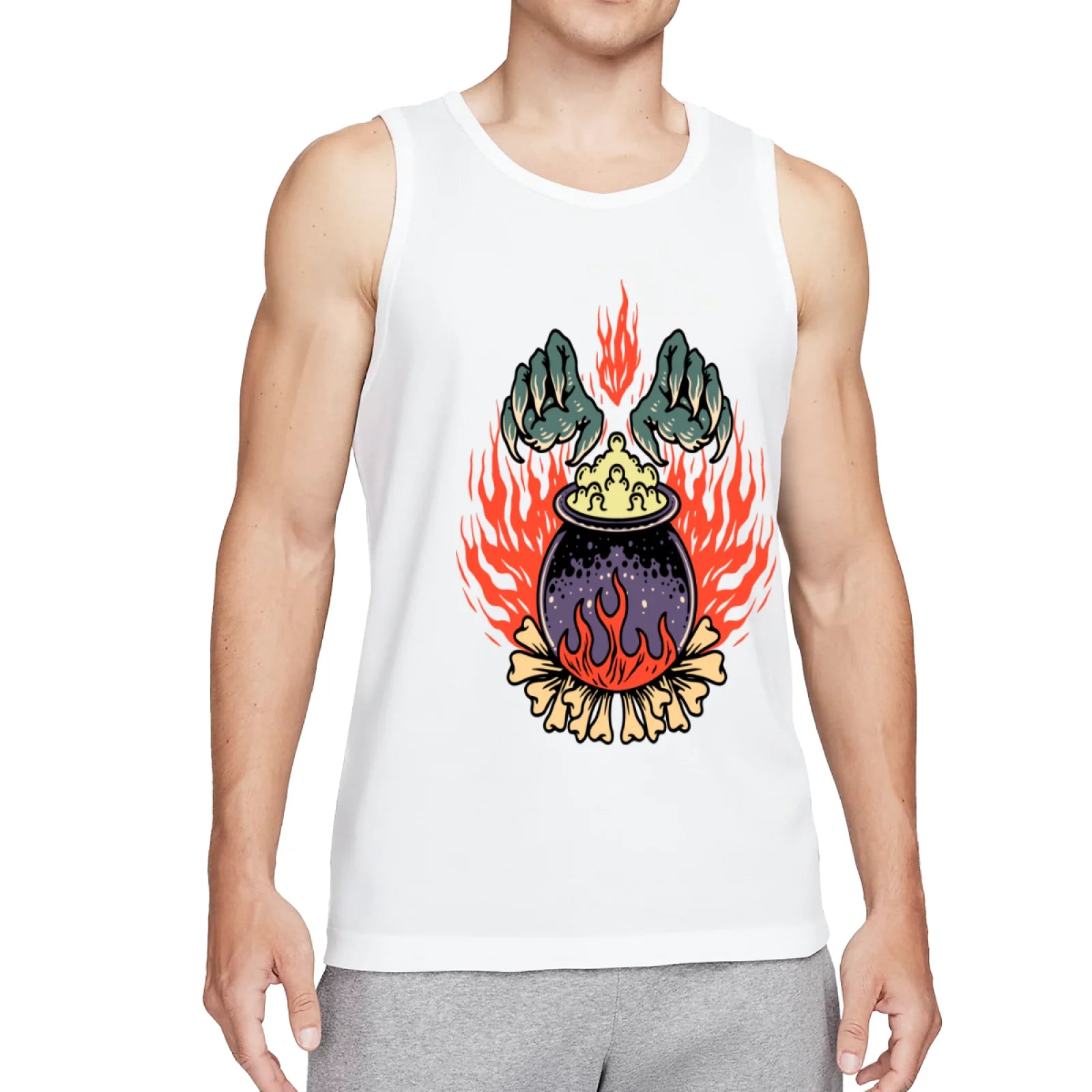 Retro Flaming Praying Hands Tank Top, Vintage Gothic Fire Graphic Sleeveless Tee, Old School Tattoo Style Streetwear Vest for Men