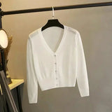 2026 Women Long Sleeve Cropped Cardigan V Neck Button Down Knit Lady Autumn Spring Knitted Single-breasted Cardigan Sweaters