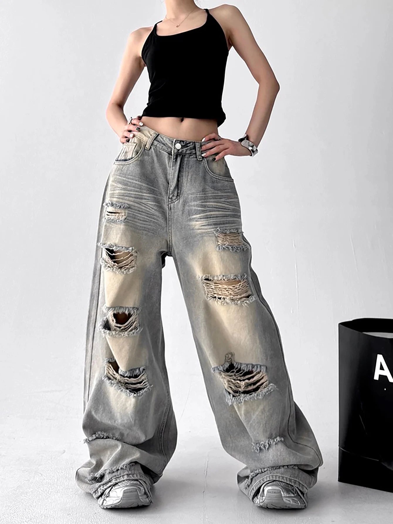 American Vintage Trend Ripped Frayed  Baggy Jeans Women Y2K Street-Style Distressed Design Fashionable Versatile Wide-Leg Pants