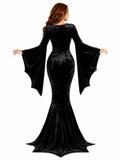 Women Gothic Velvet Mermaid Maxi Dress Bat Flared Long Sleeve Bodycon Gown Dark Witch Vampire Costume Halloween Cosplay Party Outfit