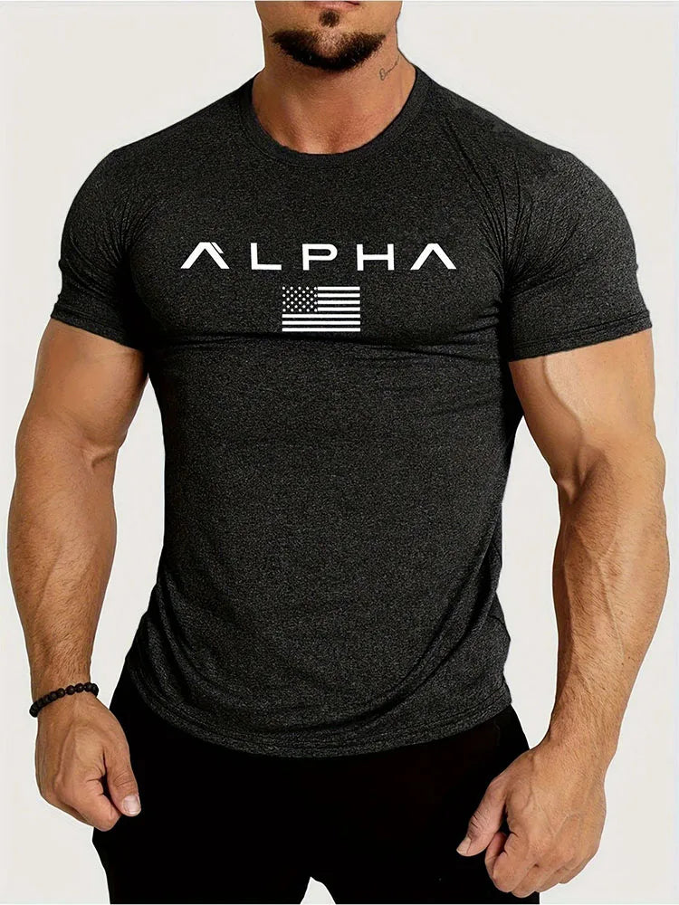 Spring and Summer Pure Color Printing Sports Fitness Short-sleeved T-shirt Men's O Neck Stretch Training Exercise T-shirt top