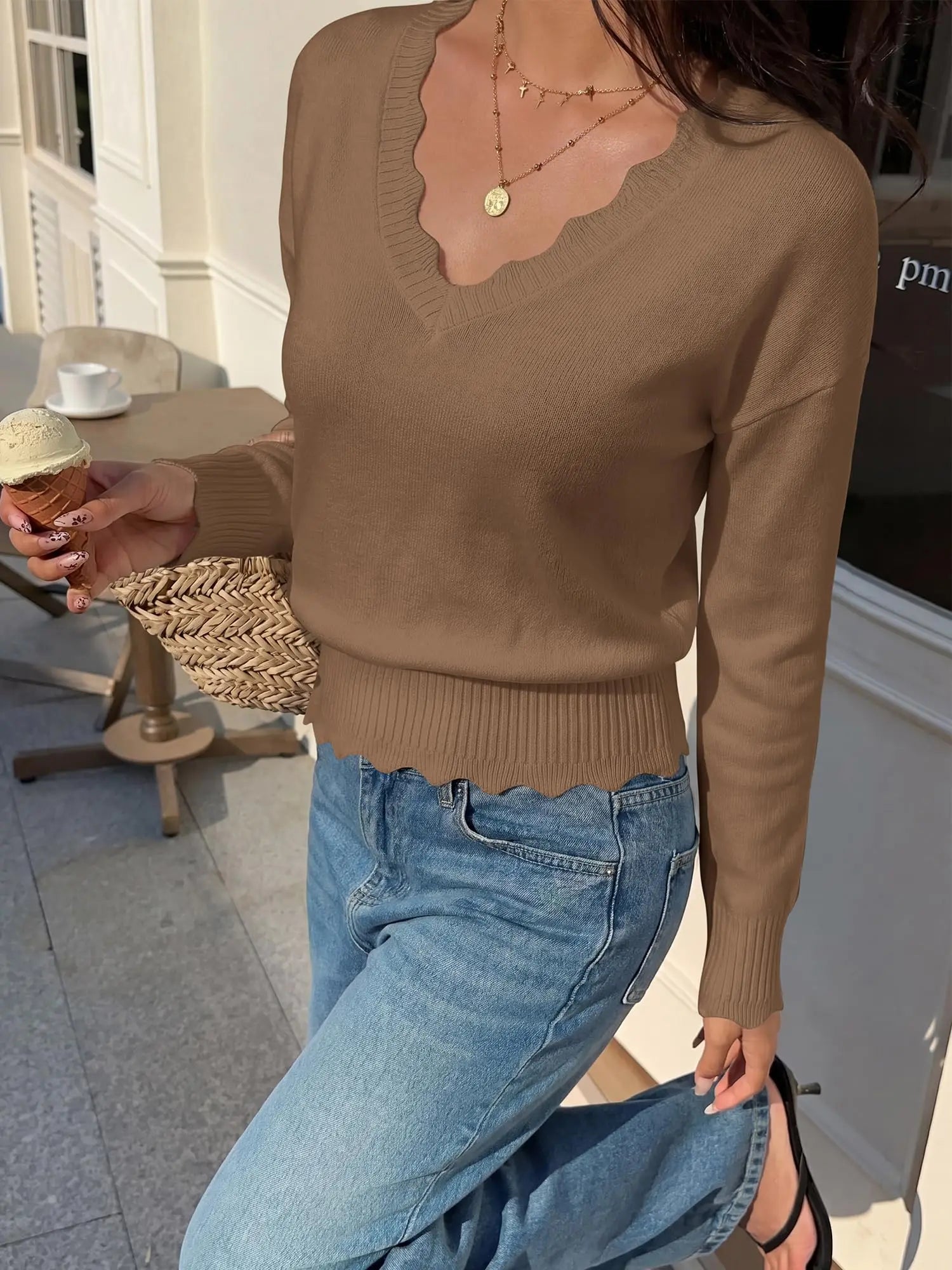 Lightweight Knit Sweaters Top For Women Daily Wear Scallop Edges V Neck Pullover Tops Autumn And Winter Long Sleeved