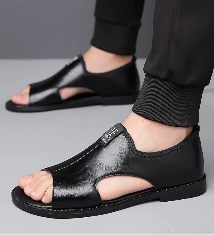 New Style Perforated, Breathable and Anti-Slip Outerwear Casual Leather Slip-On Sandals for Men Size 48 Large Size