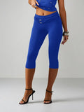 MISSGUIDED Women's Red Capri Leggings With Gold Hardware Detail Waistband Mid Rise Cropped Pants Spring Summer Fashion