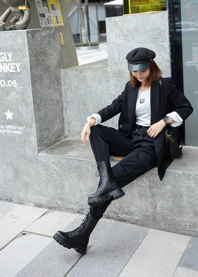 Platform Women's Ankle Boots Autumn 2023 Black White Thick Bottom Motorcycle Botas Mujer Pu Leather Non-Slip Combat Boots Women