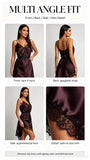 Women Dark Brown Satin Lace Slip Dress Spaghetti Strap V-Neck Asymmetrical Hem Elegant Party Cocktail Evening Dresses