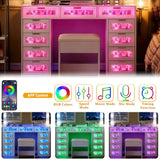 Luxury Makeup Vanity with 11 Drawers amp RGB Lights, Large Vanity Table with Padded Stool amp 11 LED Bulbs, Vanity Desk with Po