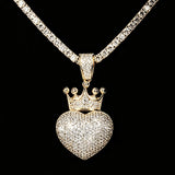 Bling Crown Love Heart Charm Rhinestone Heart Crown Jewelry For Men Women Trendy Rap Accessory Romantic Lovers Fine Jewelry Gifts for Girl Boy Friends Iced Out Crowned Heart Pendant Micro Pave Cubic Zirconia 18K Gold Plated H