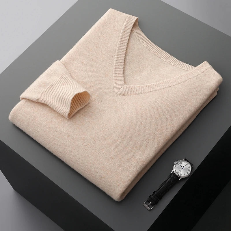 Autumn And Winter New Men's V-Neck Cashmere Loose Thickened Solid Color Wool Knitted Bottoming Shirt Business Casual Sweater