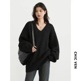 CHIC VEN Women Sweaters Solid Loose Pullovers New V-neck Knitwear Knitted Jumpers Female Top Fashion Woman Autumn Winter 2024