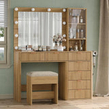 47 Fluted Vanity Desk with Mirror amp LED Lights, 7Drawer Makeup Vanity with Glass Top amp Cabinet, Vanity with Chair amp Charg