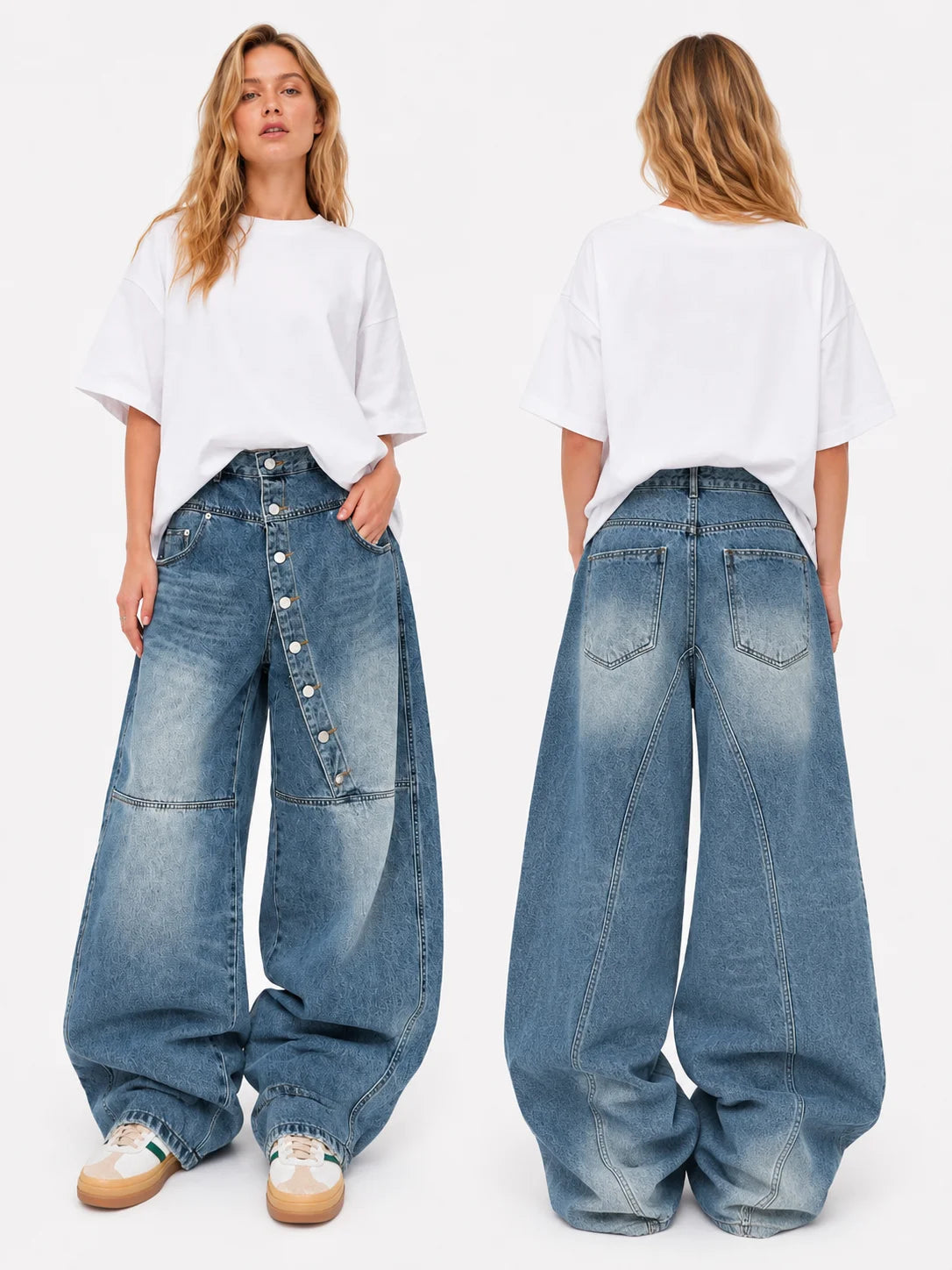 Women's Asymmetric Button Front Baggy Jeans, High Waist Vintage Washed Wide Leg Denim Pants Y2K Streetwear Loose Barrel Jeans for Daily Wear