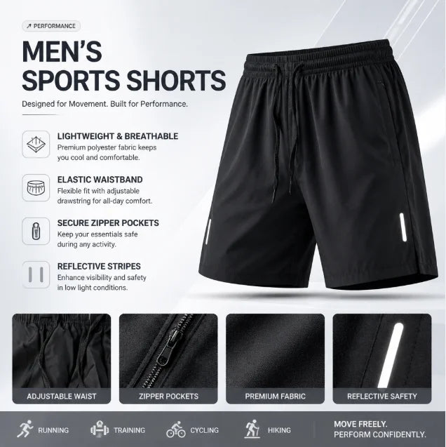 One Size Men Polyester Quick Dry Athletic Shorts Elastic Drawstring Zipper Pockets Jogging Workout Running Sport Shorts