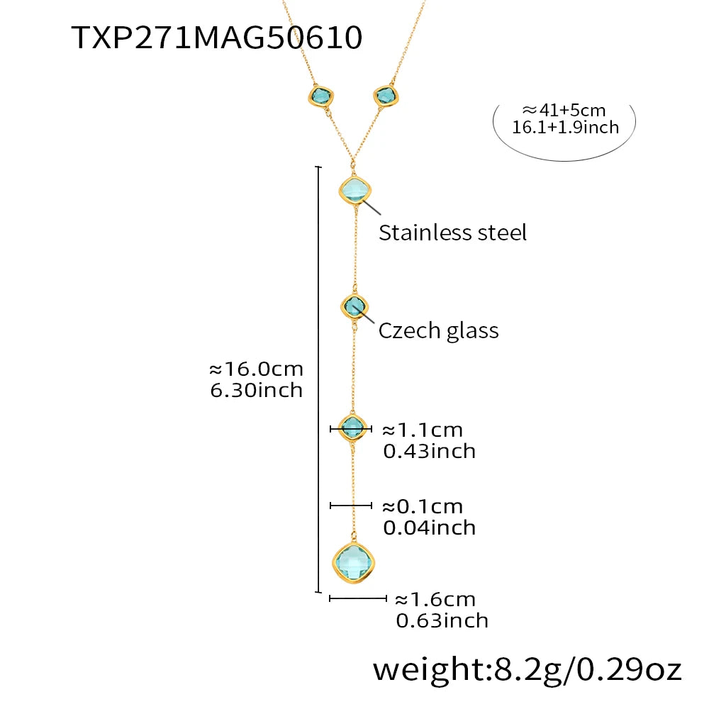 Colorful Long Square Pendant Stainless Steel Necklace for Women Luxury Czech Glass Gold Plated Waterproof Charm Jewelry