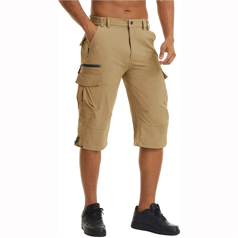 Men's Cargo Work Shorts Quick Dry 3/4 Length Capri Pants Multi-pockets Knee Length Trousers Summer Board Beach Shorts