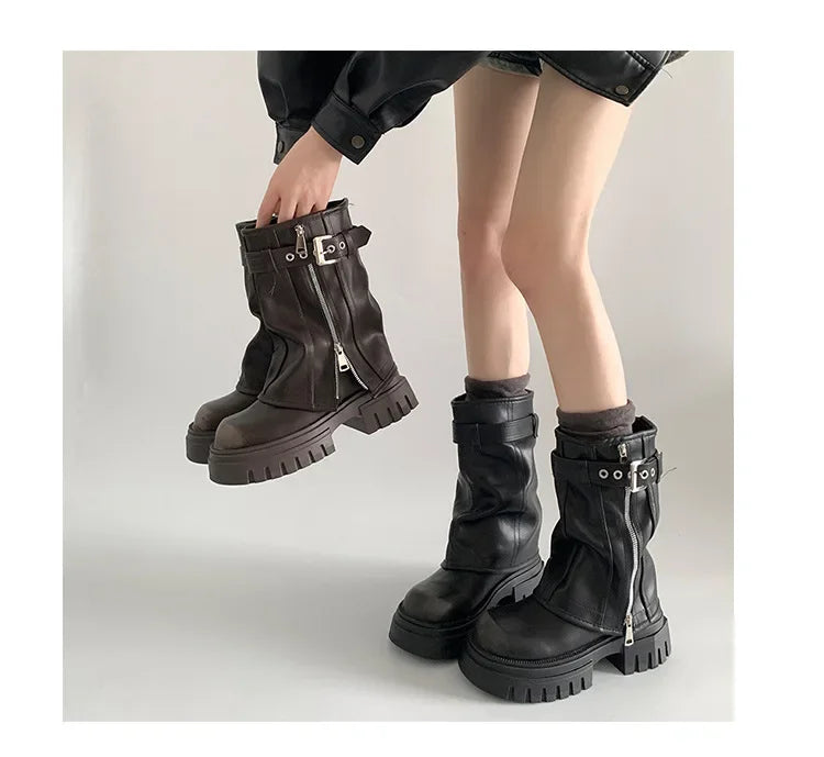 Winter Women Biker Boots Fashion Belt Buckle Ladies Elegant Platform Long Pipe Booties Casual Women's Knee High Booties2024