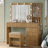 47 Fluted Vanity Desk with Mirror amp LED Lights, 7Drawer Makeup Vanity with Glass Top amp Cabinet, Vanity with Chair amp Charg