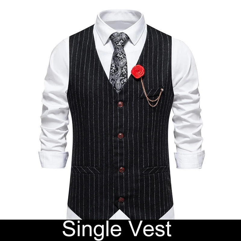 KIDWHXR Men Suit Vest Vintage Striped Single-breasted Man Waistcoats Business Casual Slim Sleeveless Male Party Dress Vests