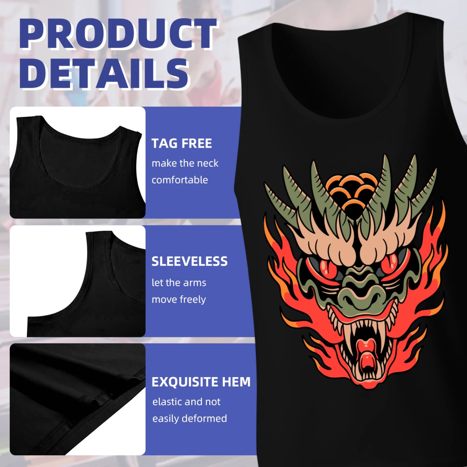 Men's Cool Dragon Head Tank Top, Y2K Grunge Aesthetic Black Sleeveless Shirt, Edgy Flame Monster Graphic Gym Vest, Summer Casual Muscle Tee