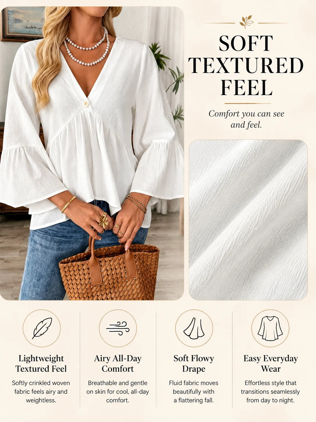 V Neck Bell Sleeve Blouses for Women Loose Fit Babydoll Tunic Tops Single Button Pleated Flowy Shirts Casual Daily Office Going‑Out Tunic