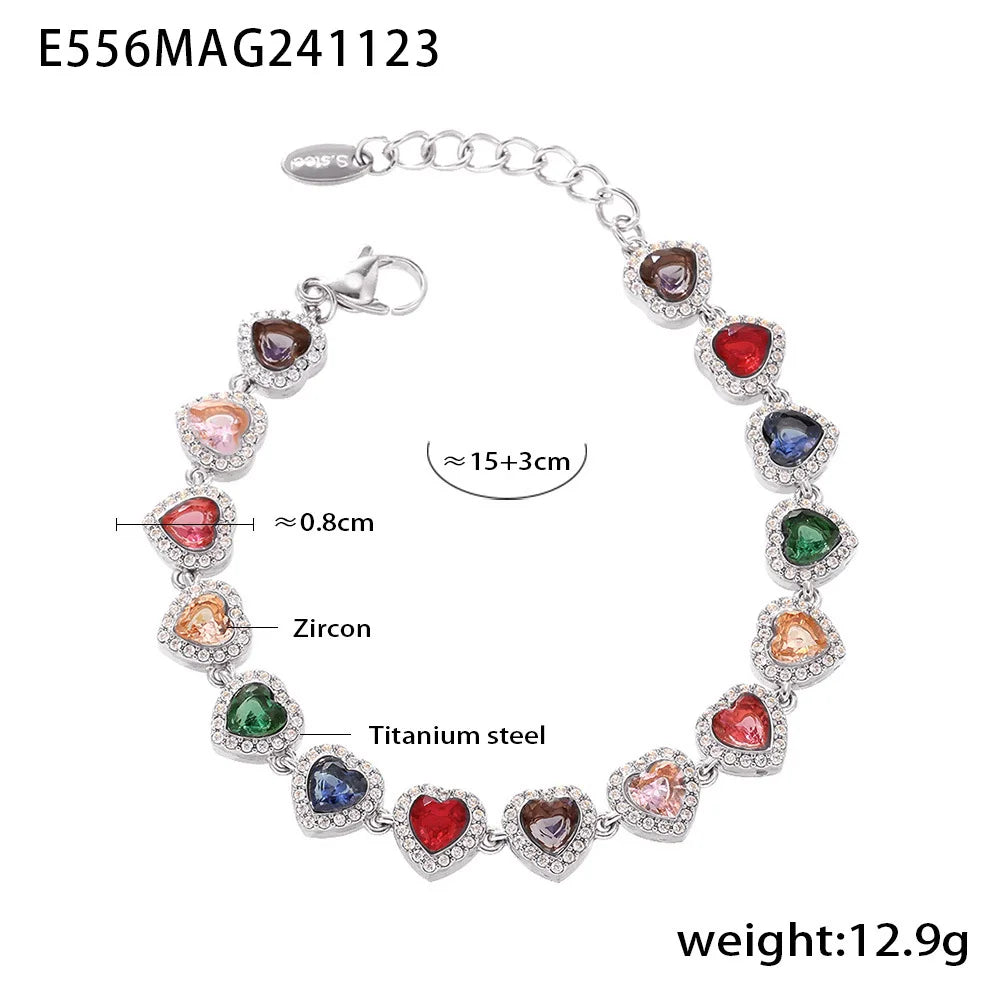 Colorful Zircon Necklace Heart Chain Bracelet Set Women's 316L Stainless Steel Gold-Plated Luxury Wedding Jewelry Accessories