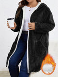 Women Fuzzy Fleece Lined Hooded Long Open Cardigan Warm Sherpa Trim Mid Length Coat With Side Pockets Loose Winter Outerwear