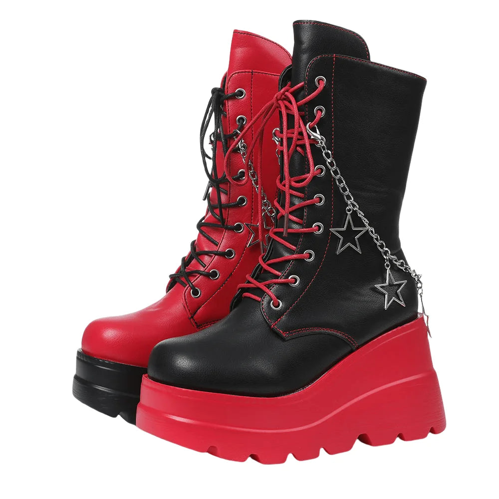 Platform Ankle Boots For Womem Round Toe Chunky Heel Lace Up Boots With Side Zipper Stars Dec sx260210154995309672287