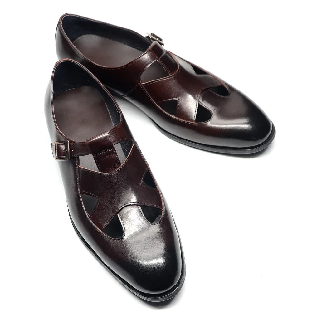 Genuine Leather Mens Classic Summer Dress Sandals Buckle Strap Black Brown Closed Toe Business Party Casual Formal Shoes for Men