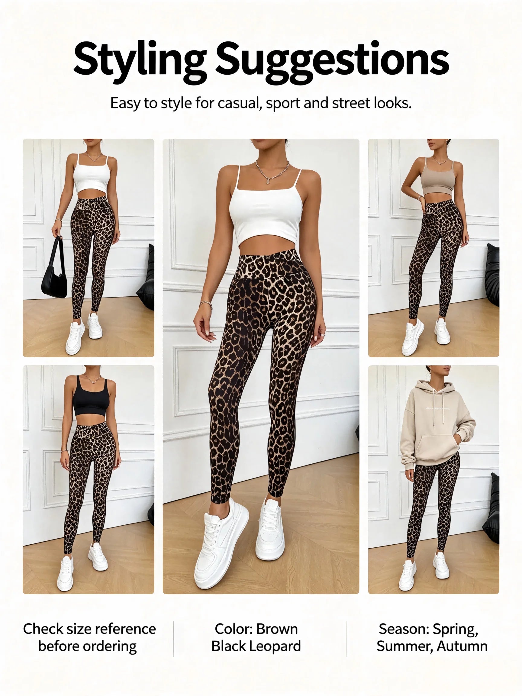 Women High Waist Leopard Print Leggings Stretch Slim Ankle Pants Casual Streetwear Workout Yoga Skinny Trousers
