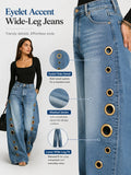 Women High Waist Wide Leg Jeans, Side Cutout Eyelet Rivet Denim Pants Loose Fit Hollow Out Flared Trousers Streetwear Fashion Baggy Jeans with Pockets